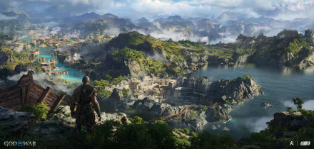 HD PC desktop wallpaper from the video game God of War: Ragnarök, showcasing a detailed landscape with mountains, water, and a character overlooking the scene.