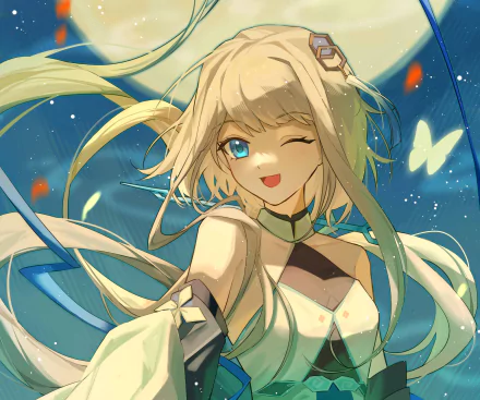 2K Quad HD PC wallpaper: Guizhong (Genshin Impact) — winking blonde heroine with flowing hair, blue outfit, glowing butterflies and a starry sky. Video game desktop background.