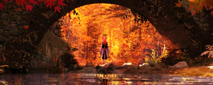 Yae Miko from Genshin Impact stands beneath a golden autumn canopy in a vibrant 4K Ultra HD PC desktop wallpaper scene.