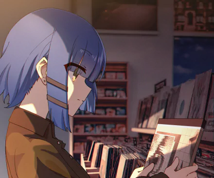 HD PC desktop wallpaper featuring Ryou Yamada from the anime Bocchi the Rock! in a softly lit room, browsing through vinyl records.