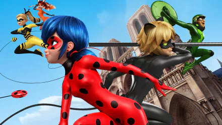 HD PC desktop wallpaper featuring Miraculous: Tales of Ladybug & Cat Noir characters in action, showcasing Miraculous Ladybug and her superhero team.