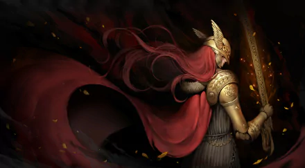 HD PC desktop wallpaper featuring Malenia, Blade of Miquella from the video game Elden Ring, wielding a glowing sword with a flowing red cape against a dark background.