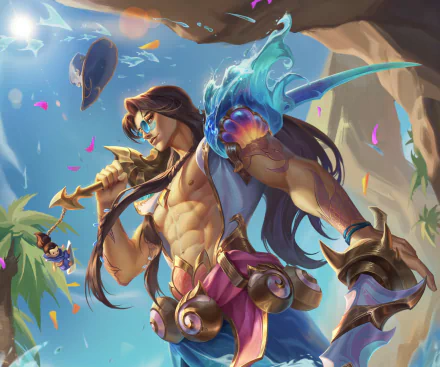 HD PC desktop wallpaper/background featuring Yone (League of Legends) — video game art of a muscular, long-haired spirit warrior wielding a glowing blade in a sunlit tropical scene.
