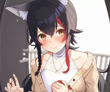 HD anime-style desktop wallpaper featuring Ookami Mio, the Virtual YouTuber from hololive, with expressive amber eyes and wolf ears.