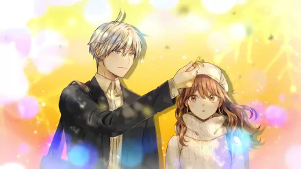 HD anime desktop wallpaper featuring Fuyutsuki-san and Himuro-kun from The Ice Guy and His Cool Female Colleague, with soft glowing effects and warm yellow tones.