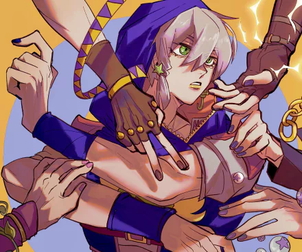 HD desktop wallpaper featuring a character from JoJo's Bizarre Adventure: Diamond is Unbreakable, surrounded by multiple hands with vibrant colors and dynamic pose.