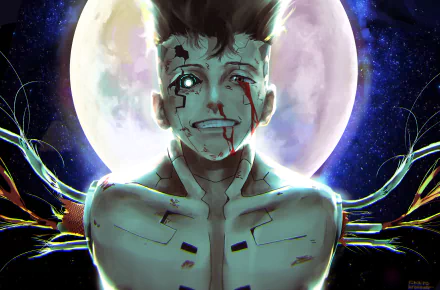 4K Ultra HD anime wallpaper featuring David from Cyberpunk: Edgerunners with cybernetic enhancements against a glowing full moon background.