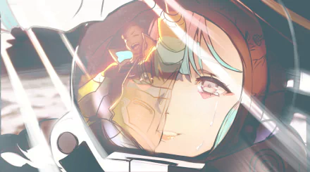 HD PC desktop wallpaper featuring Lucy from the anime Cyberpunk: Edgerunners, capturing her reflective expression with vibrant cyberpunk-style details.