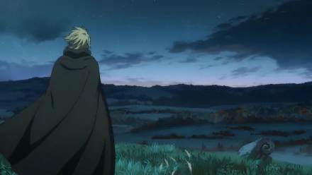 Thorfinn from Vinland Saga stands contemplatively against a stunning night sky, surrounded by lush landscapes. This 8K Ultra HD wallpaper captures the essence of the anime beautifully.