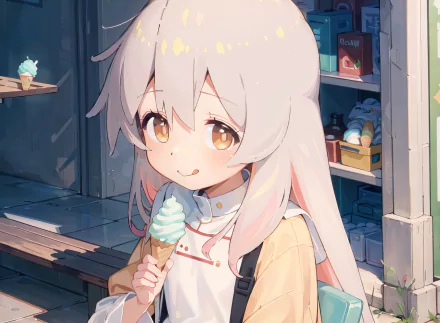 Mahiro Oyama from the anime Onimai: I'm Now Your Sister! enjoys an ice cream cone in a detailed 4K Ultra HD PC desktop wallpaper background setting.