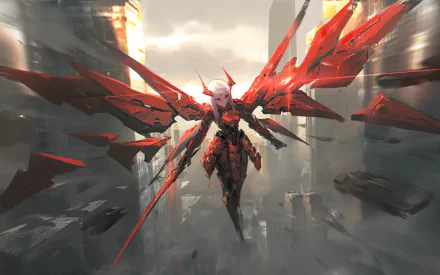 Anime Yu-Gi-Oh! HD PC wallpaper of a red-crystal winged armored figure hovering over a ruined city, shards and dramatic light streaks cutting through the haze.