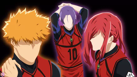 4K Ultra HD Blue Lock anime wallpaper featuring faceless characters Reo Mikage, Rensuke Kunigami, and Hyoma Chigiri in red and black sports uniforms.