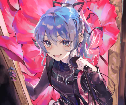 HD desktop wallpaper featuring Hoshimachi Suisei from Hololive. The anime-styled Virtual Youtuber is holding a microphone, surrounded by vibrant, colorful elements.