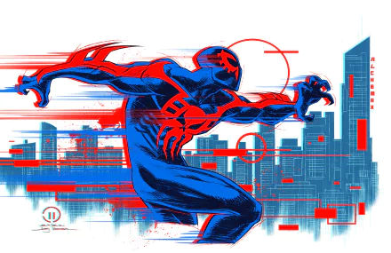 HD PC desktop wallpaper featuring Spider-Man 2099 in a dynamic comic-style pose against a futuristic cityscape background.