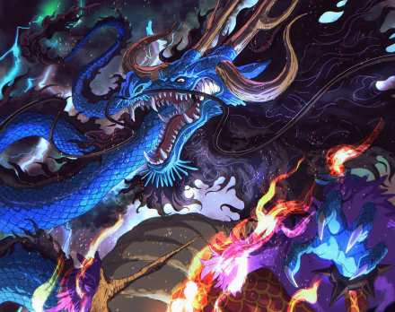 An epic HD wallpaper featuring Kaido from One Piece, showcasing his dragon form amidst vibrant colors and dynamic flames, capturing the essence of the anime's intense action.