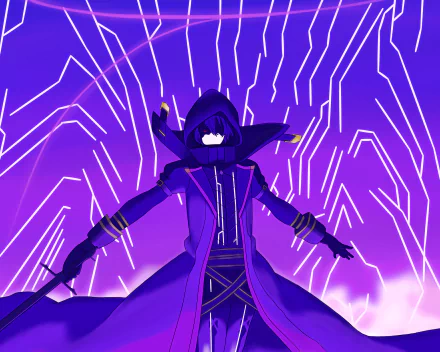 HD PC desktop wallpaper featuring Cid Kagenou from the anime The Eminence in Shadow, depicted in a dynamic pose with glowing purple geometric patterns in the background.