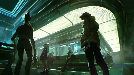 Anime-style cyberpunk scene from Cyberpunk: Edgerunners featuring characters in a futuristic, neon-lit subway station, rendered as an HD PC desktop wallpaper.