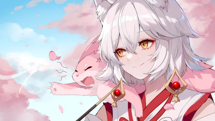 4K Ultra HD desktop wallpaper of Yae Miko Guuji as Kitsune Saiguu from the video game Genshin Impact, featuring her white hair and golden eyes against a soft sky backdrop.