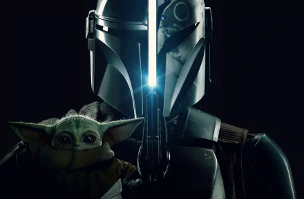 4K Ultra HD desktop wallpaper featuring The Mandalorian and Grogu from the TV show The Mandalorian in a dark, dramatic setting with glowing light accents.