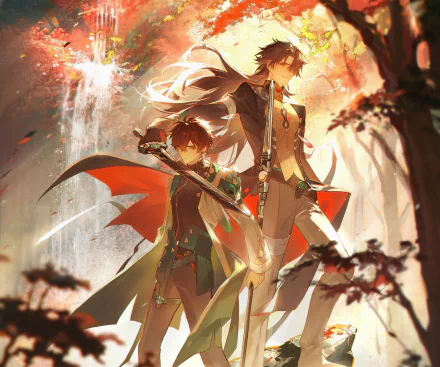 HD PC desktop wallpaper featuring Dan Heng and Blade from the video game Honkai: Star Rail, set against a vibrant, dynamic background with warm lighting.