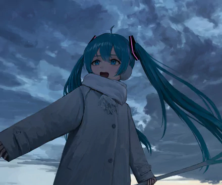 HD anime desktop wallpaper featuring Vocaloid character Hatsune Miku with teal twin-tails and winter coat, set against a dramatic cloudy evening sky.