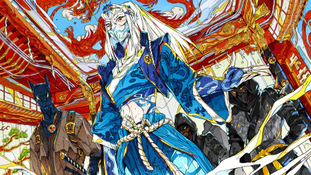 Fortnite loading screen, video game HD PC desktop wallpaper: anime-style white-haired samurai leader with armored allies in blue robes standing before a fiery red temple background.