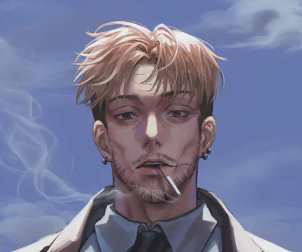 4K Ultra HD anime wallpaper of Kishibe from Chainsaw Man, featuring a close-up of his rugged face with a cigarette against a smoky, muted blue background.