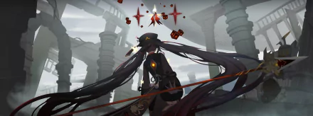 Hu Tao confronts the Unknown God amid crumbling pillars and floating crimson sigils — Genshin Impact video game art, 2K Quad HD PC desktop wallpaper.