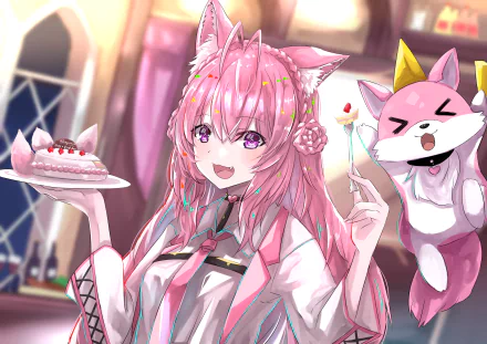 HD desktop wallpaper featuring Hakui Koyori, the pink-haired anime Virtual YouTuber from Hololive, holding a cake with a cheerful expression.