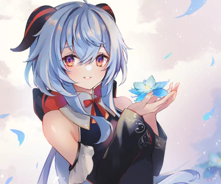HD PC desktop wallpaper featuring Ganyu from the video game Genshin Impact, showcasing her with blue hair and a glowing flower in soft pastel tones.