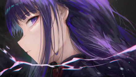 Close-up 4K Ultra HD PC wallpaper of Baal (Raiden Shogun) from Genshin Impact — purple-eyed, long violet hair with crackling electro energy arcs across a dark background.