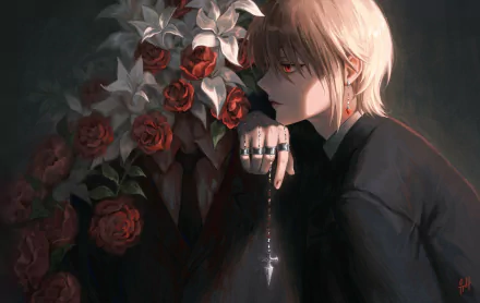 HD PC desktop wallpaper featuring Kurapika from Hunter × Hunter, depicted with a dark background and red roses, highlighting the anime's dramatic and intense atmosphere.