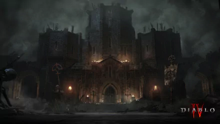 Dark gothic fortress at night from the video game Diablo IV — 2K Quad HD PC desktop wallpaper and background, with brooding skies, glowing torches and looming statues.