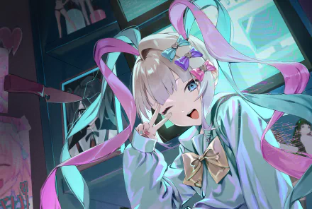 HD PC desktop wallpaper featuring OMGkawaiiAngel-chan from the video game NEEDY GIRL OVERDOSE, showcasing vibrant pastel colors and a playful, dynamic pose.