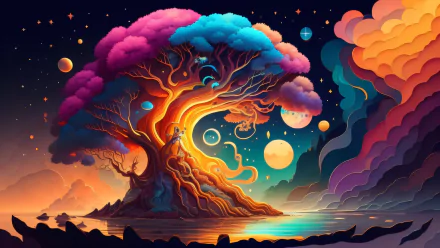 Vibrant fantasy landscape featuring a glowing, multicolored tree under a starry sky with planets, created as HD PC desktop wallpaper through AI art.