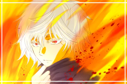 Gabimaru (Hell's Paradise) anime portrait: white-haired, red-eyed figure against roaring orange flames and embers — 2K Quad HD PC desktop wallpaper/background.