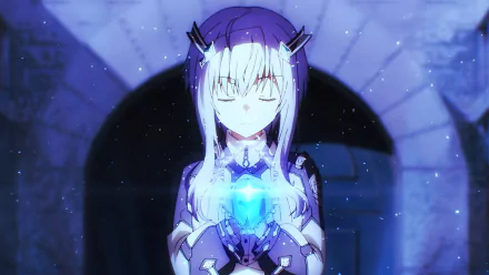 HD anime wallpaper from The Misfit of Demon King Academy, featuring a character with white hair and horns holding a glowing blue crystal in a dark, magical setting.