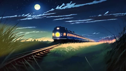 A 4K Ultra HD anime-style image of a green train traveling through lush grass under a moonlit night sky, blending AI art with serene nature elements.
