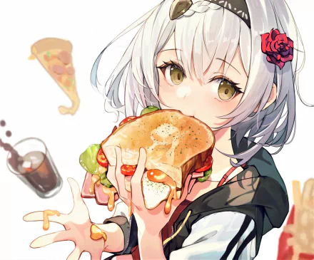 HD PC desktop wallpaper/background of Noelle (Genshin Impact), the video game character with white hair and rose hairpin biting a dripping cheese sandwich, with a soda and pizza slice nearby.