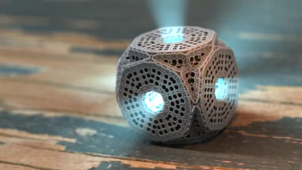 HD desktop wallpaper featuring a sci-fi inspired, intricately designed object with glowing blue lights, set on a rustic wooden surface.