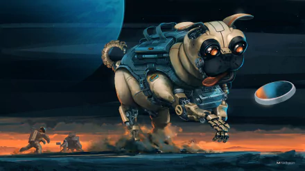 HD desktop wallpaper featuring a futuristic robotic dog equipped with advanced technology, set against a sci-fi themed landscape with a looming spaceship.