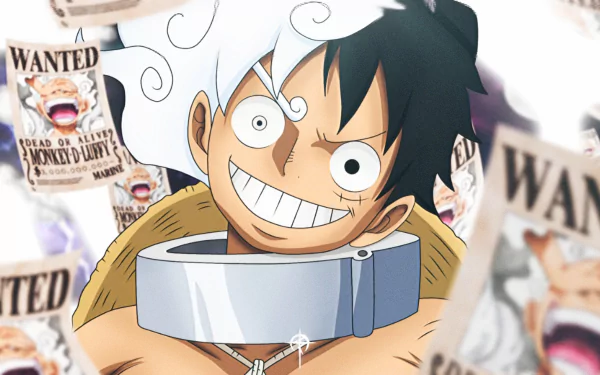 HD PC wallpaper of Monkey D. Luffy in Gear 5 (One Piece), anime-style close-up grinning with white hair and collar as wanted posters swirl across the background.