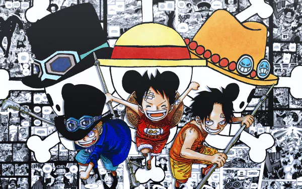4K Ultra HD anime wallpaper featuring chibi versions of One Piece characters Portgas D. Ace, Sabo, and Monkey D. Luffy with iconic hats and a manga-style background.