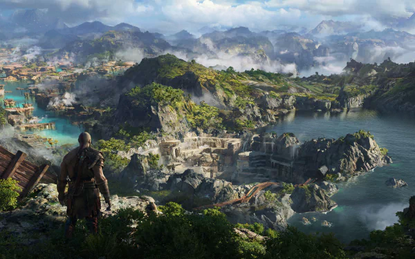 HD PC desktop wallpaper from the video game God of War: Ragnarök, showcasing a detailed landscape with mountains, water, and a character overlooking the scene.