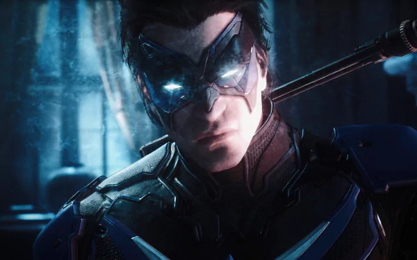 Nightwing in action in a Gotham Knights video game backdrop - a vibrant HD desktop wallpaper depicting the vigilante leaping into action in Gotham City.