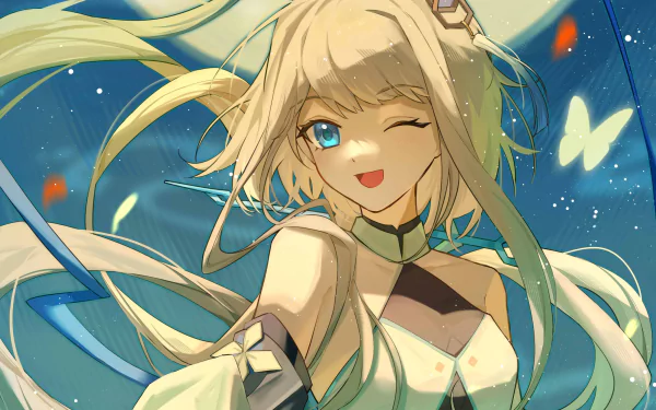 2K Quad HD PC wallpaper: Guizhong (Genshin Impact) — winking blonde heroine with flowing hair, blue outfit, glowing butterflies and a starry sky. Video game desktop background.