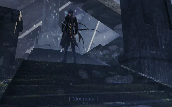 Zhongli from Genshin Impact stands in a shadowy, rain-soaked stone structure, captured in a 4K Ultra HD PC desktop wallpaper from the popular video game.