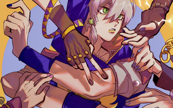 HD desktop wallpaper featuring a character from JoJo's Bizarre Adventure: Diamond is Unbreakable, surrounded by multiple hands with vibrant colors and dynamic pose.