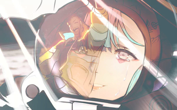 HD PC desktop wallpaper featuring Lucy from the anime Cyberpunk: Edgerunners, capturing her reflective expression with vibrant cyberpunk-style details.