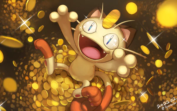 HD PC desktop wallpaper featuring Meowth from Pokémon, depicted joyfully surrounded by sparkling gold coins in bright anime style.